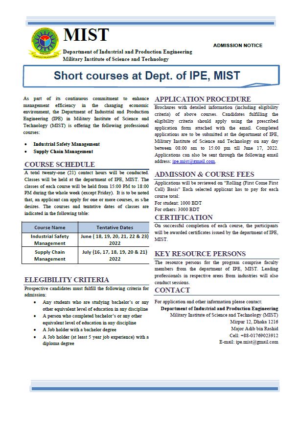 Short courses at Dept. of IPE, MIST